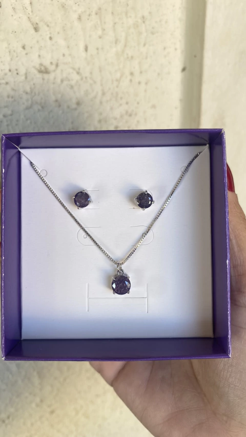 CONJUNTO REDONDO PEDRA AMETISTA 45CM RÓDIO BRANCO