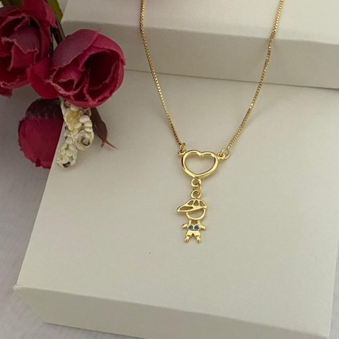 COLAR VENEZIANO COM PINGENTE DE FILHO COLORIDO FOLHEADO EM OURO 18K