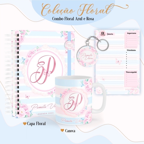 Kit Agenda Personalizada + Caneca + Chaveiro espelho personalizado - Azul e Rosa
