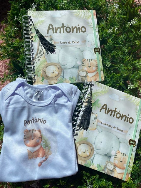 Kit Livro do Bebê / Caderneta Vacina + Porta documentos - Tema Safari Menino