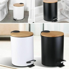 Lixeira Em Metal Redonda 5 Litros Com Tampa De Bambu Luxo