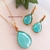 Conjunto Colar e Brincos Ágata Azul Céu Perolado Gota Banho Ouro 18k