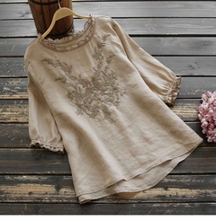 Imagem do Bata Indiana Algodão Linho Verão Blusa Mulheres enhoras Bordados Top Elegante