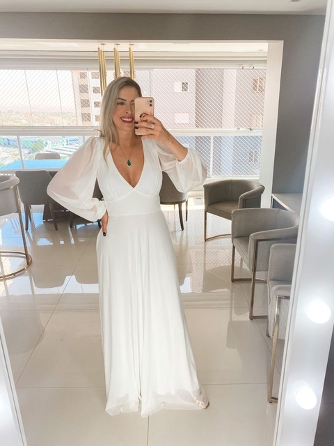 Vestido Longo Tule de Manga Longa Fluido Noiva, convidadas e Madrinhas na internet