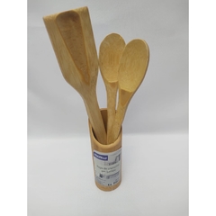 Kit utensílios de bambu espátula colher cabo longo colher de arroz e garfo grande