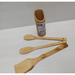 Kit utensílios de bambu espátula colher cabo longo colher de arroz e garfo grande - Dininha Utilidades