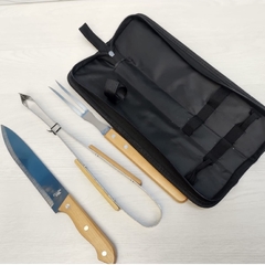 Kit churrasco 3 peças de aço inox com cabo de bambu com maleta de nylon - Dininha Utilidades