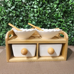 Jogo Conjunto Pote Gaveta De Cerâmica Porta Condimentos 4 pçs com Suporte de Bambu