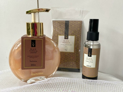 Kit presenteável Via Aroma: sabonete líquido, sachê perfumado e home spray