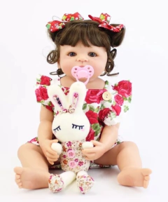 Boneca Bebê Reborn, INTEIRA EM SILICONE, Com Coelho de pelúcia