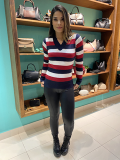 Blusa Lazinha listrada Gola V (azul marinho, branco e vermelho) - loja online