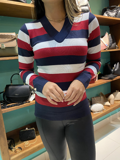 Blusa Lazinha listrada Gola V (azul marinho, branco e vermelho) - comprar online