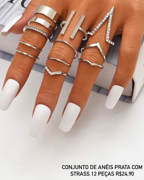 Conjunto de Anéis Prata com Strass 12 peças