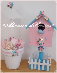 MACETA CON TULIPANES Y TOPPER PAJARITO EN MADERA - tienda online