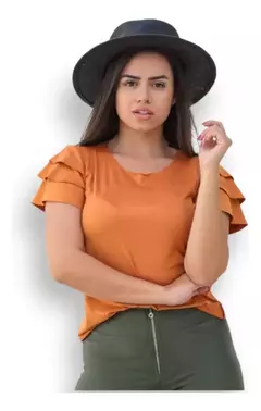Blusa Suede Babado Feminina Elegante Blusinha Da Moda Manga Curta Roupa Aveludada Corte a Laser T-Shirt Verão Camisa Cam - comprar online