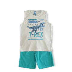 Conjunto WRK Regata Em Meia Malha Dinossauro T-Rex + Bermuda