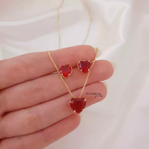 Conjunto Colar e Brinco Coração Vermelho Zircônia Folheado á Ouro