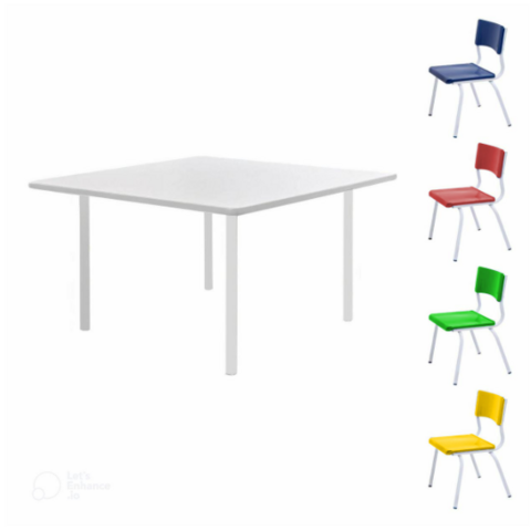 Conjunto Quadrado c/ 04 Cadeiras COLORIDO - TAMPO BRANCO - 06 a 09 Anos - INFANTO JUVENIL - PMD - 41096
