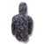 Buzo Yazuka anorak dama rompeviento en microfibra negra con diseño floral abstracto en colores rosa, gris y azul, visto desde atrás con capucha.