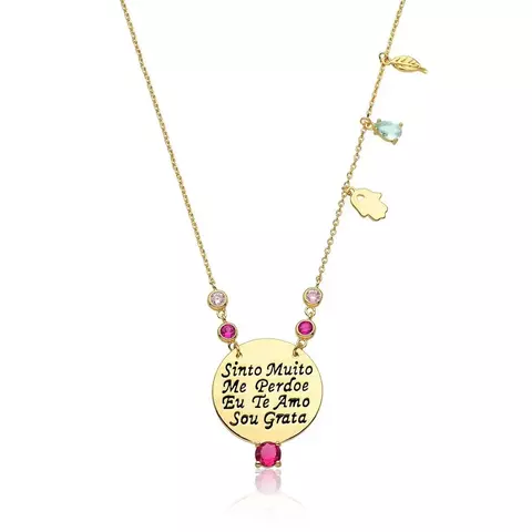 CORRENTE COM PINGENTE HO'OPONOPONO COLORIDO FOLHEADA A OURO