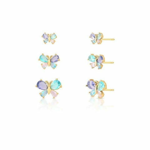 TRIO DE BRINCOS CURVOS BORBOLETAS EM CRISTAL