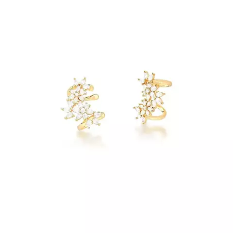 PIERCING DE ORELHA DE FLORES E CRISTAIS BANHADO A OURO