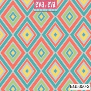 TRICOLINE 100% ALGODÃO - GEOMETRIO VERDE AGUA E SALMÃO