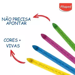 Lápis de Cor Infinito Maped com destaque para suas características, como cores vivas e  não precisar apontar.