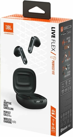 JBL LIVE FLEX TWS Black Bluetooth + Cancelación de Ruido + 6 Microfonos + Carga Inalambrica +IPX4 Deportes + 4 Micrófonos + hasta 40hs.de Carga - TodoAuriculares