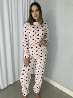 Pijama Fleece com Bolso - Coração Rosa Claro - comprar online