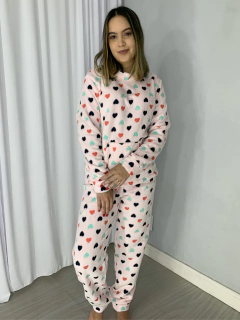 Pijama Fleece com Bolso - Coração Rosa Claro - MZA