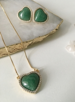 Conjunto Colar + Brinco Coração em Quartzo Verde