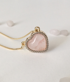 Conjunto Colar + Brinco Coração Quartzo Rosa - Issa Minerais