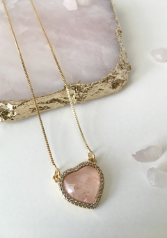 Conjunto Colar + Brinco Coração Quartzo Rosa - comprar online