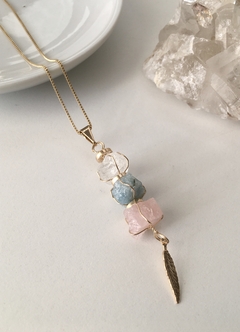 Pingente Pena - Cristal, Água Marinha e Quartzo Rosa - Issa Minerais