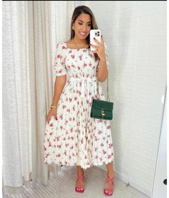 vestido midi plissado florido