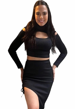 Conjunto Feminino Canelado Blusinha Manga Longa e Saia