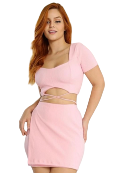 Conjunto Feminino Cropped Com Bojo Manga Curta Com Saia - Multmix