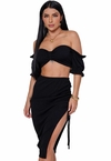 Conjunto Feminino Cropped Ciganinha Com Bojo Saia Midi Fenda