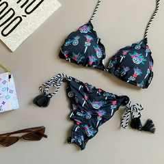 Biquíni Feminino Cortininha Estampado Com bojo Calcinha Levanta Bumbum e Amarra Lateral - Multmix