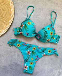Biquíni Feminino Meia Taça Com Bojo Floral Calcinha Ajustável Na lateral