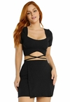 Conjunto Feminino Cropped Com Bojo Manga Curta Com Saia