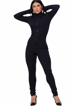 Macacão Feminino Calça e Manga Longa com Ziper Texturizado