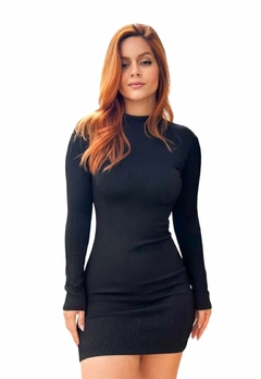 Vestido Feminino Curto Canelado Modelo Manga Longa e Costas Amostra
