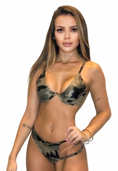 Biquíni Feminino Camuflado Aro V Invertido Sem Bojo Com Calcinha Fio Duplo Com Tira Lateral