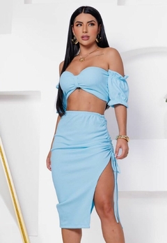 Conjunto Feminino Cropped Ciganinha Com Bojo Saia Midi Fenda