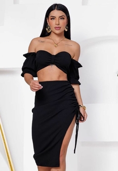 Conjunto Feminino Cropped Ciganinha Com Bojo Saia Midi Fenda na internet