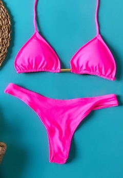 Biquíni Feminino Cortininha Pink Liso Com Calcinha Fio Dental Asa Delta - Multmix