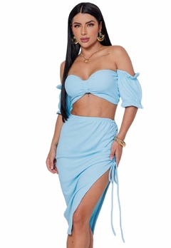 Conjunto Feminino Cropped Ciganinha Com Bojo Saia Midi Fenda - loja online