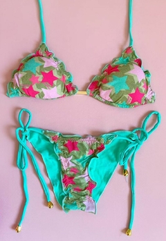 Biquíni Feminino Cortininha Com Bojo Estampado Calcinha Levanta Bumbum e Amarra Lateral